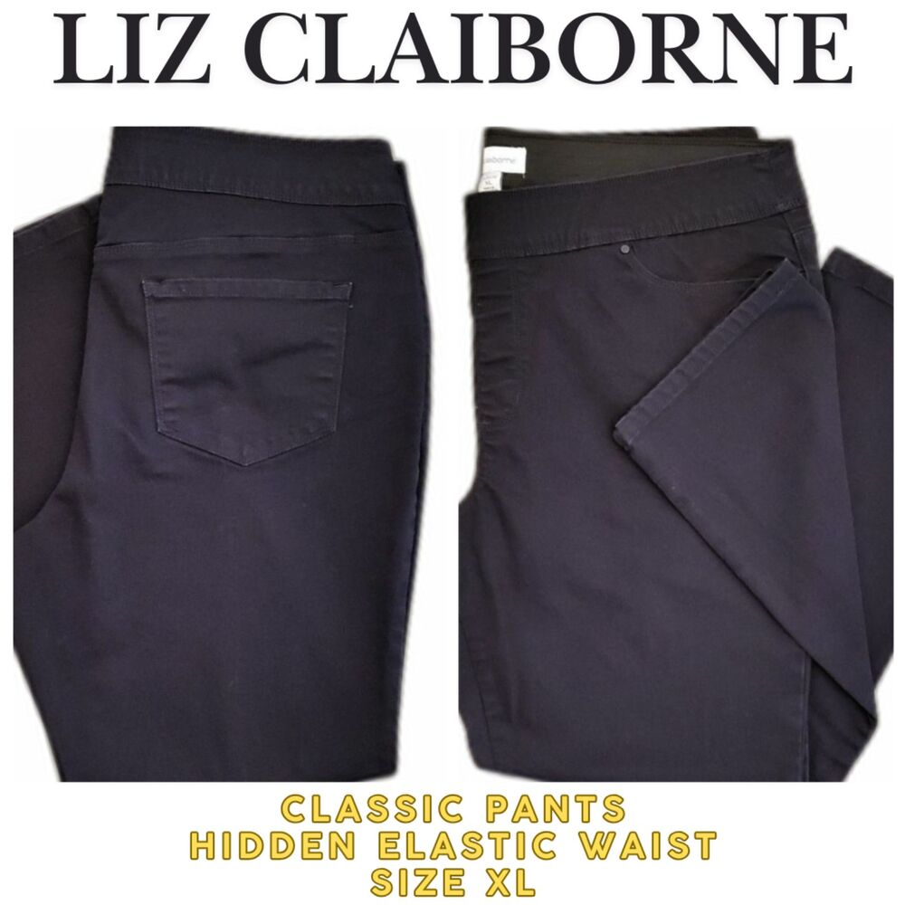Liz Claiborne Women Classic Pants Hidden Elastic Waist Black Size XL